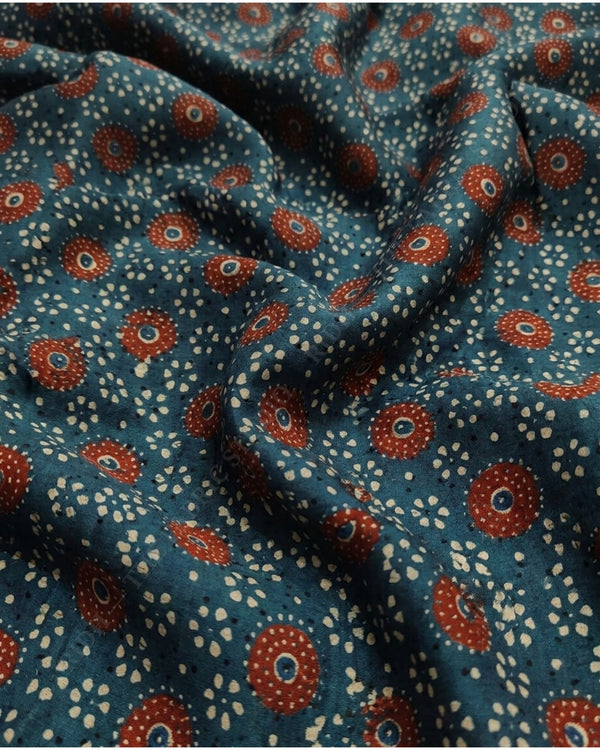 Teal Blue 1129 Modal Ajrakh Print Floral Motif — hand