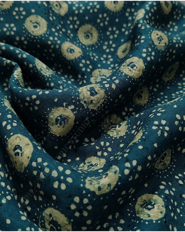 Teal Blue 1129 Modal Ajrakh Print Circular Motif — hand