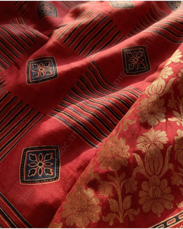 Maroon Red 1135 Ajrak Handblock Print Diamond Motif — hand