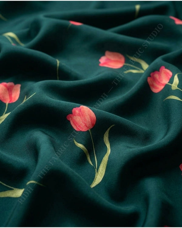Bottle Green 1078 Muslin Prin Tulip Floral — hand