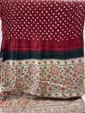 Maroon hand dyed bandhani with hand blocked modal gaji printed dupatta 2036
