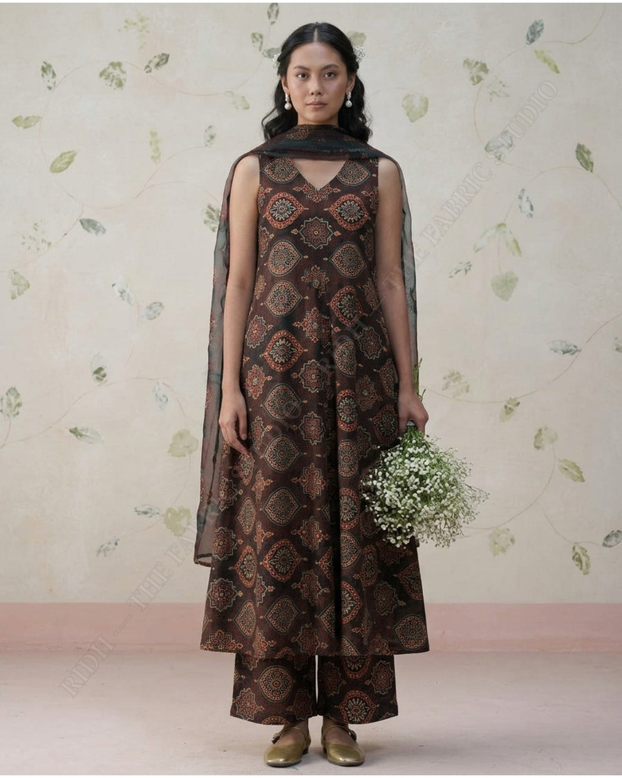 Dark Brown 1132 Silk Gaji Ajrakh Print Medallion Motif — model