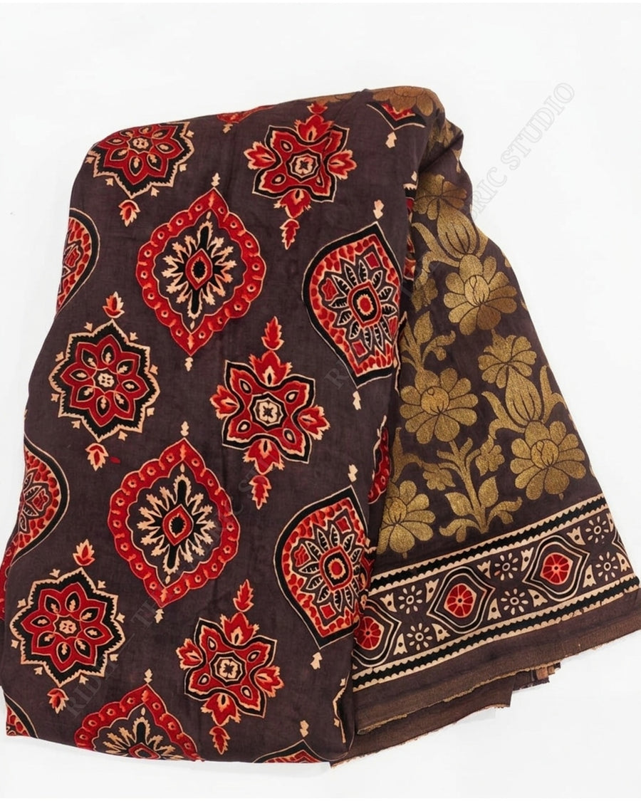 Chocolate Brown 1135 Ajrak Handblock Print Medallion Motif — closeup