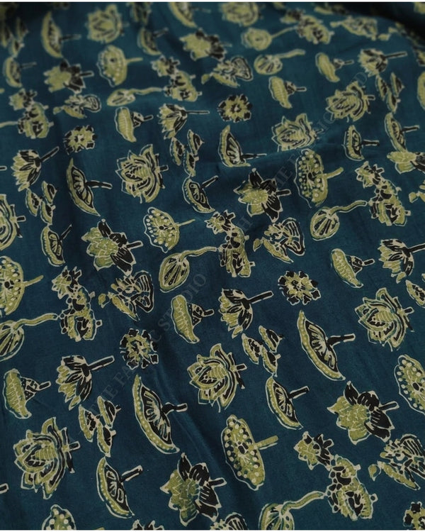 Teal 1130 Bamber Ajrakh Print Lotus Motif — hand