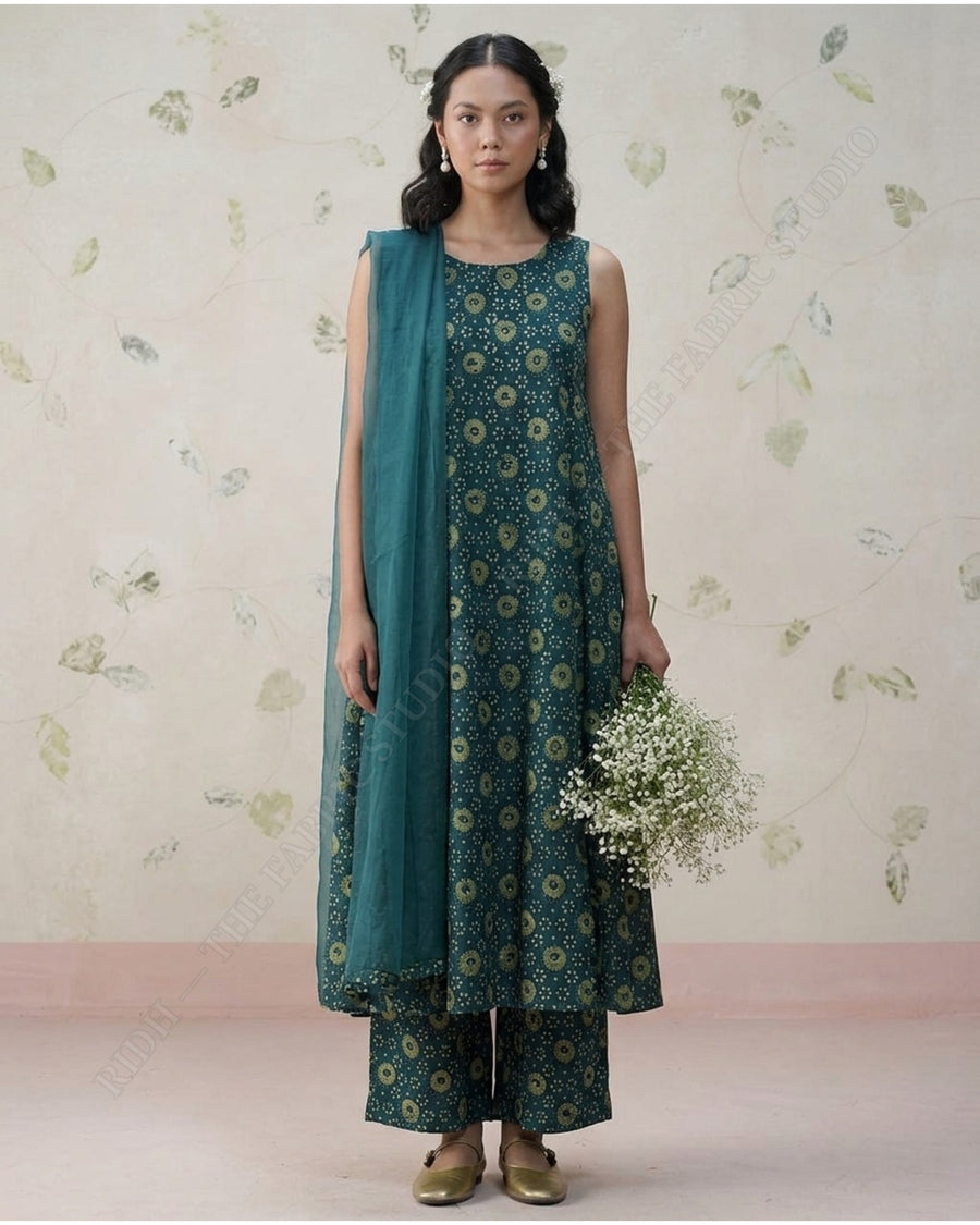 Teal Blue 1129 Modal Ajrakh Print Circular Motif — model