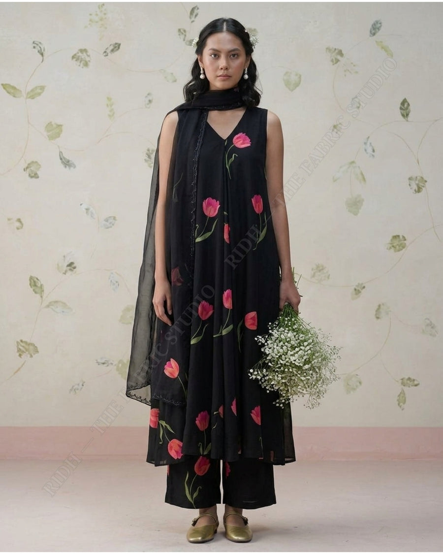 Black 1078 Muslin Prin Floral Motif — model