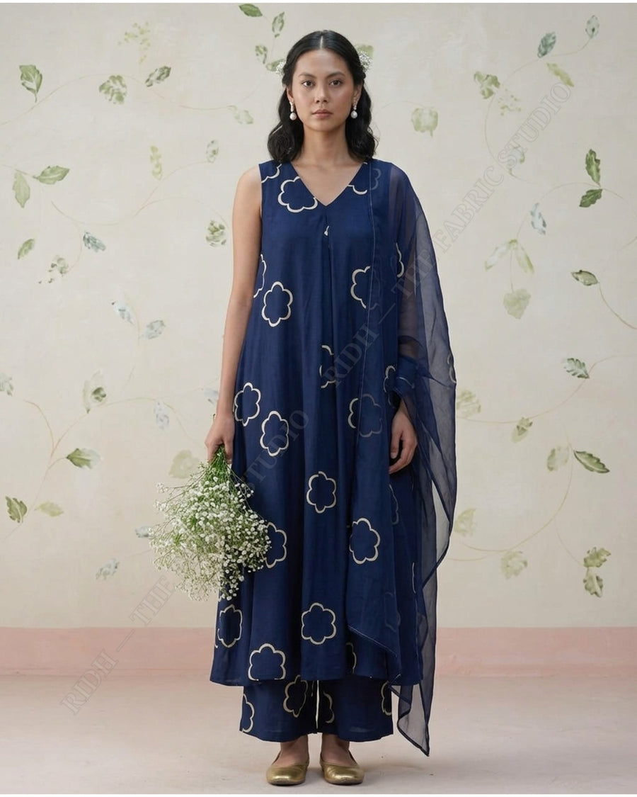 Navy Blue 1078 Muslin Prin Flower Motif — model