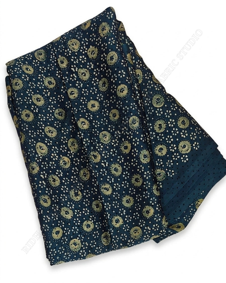 Teal Blue 1129 Modal Ajrakh Print Circular Motif — closeup