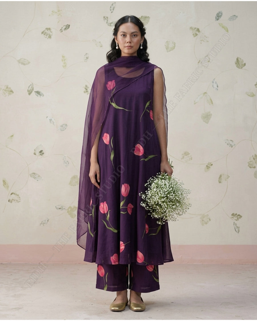 Purple 1078 Muslin Prin Tulip Floral — model