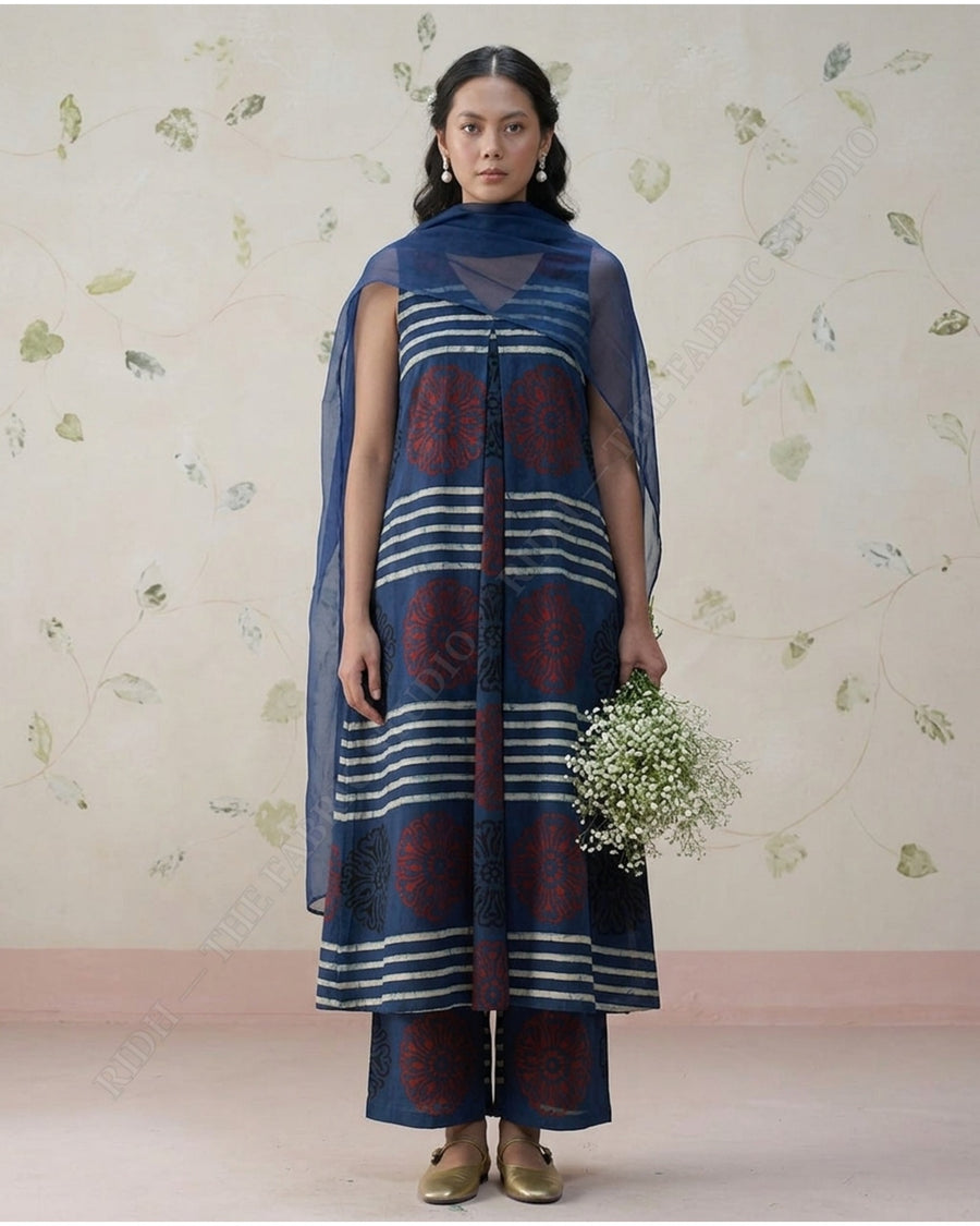 Indigo Blue 1129 Modal Ajrakh Print Round Motif — model