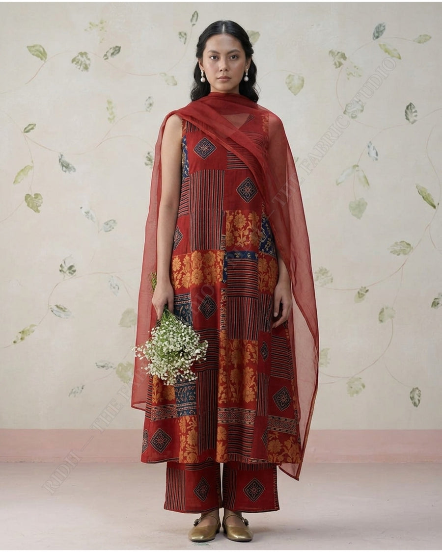 Maroon Red 1135 Ajrak Handblock Print Diamond Motif — model