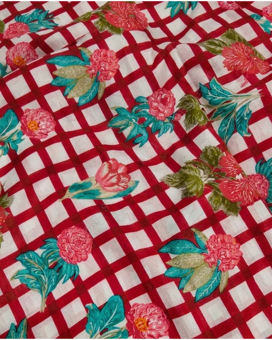 Red 1078 Muslin Prin Floral Check — hand