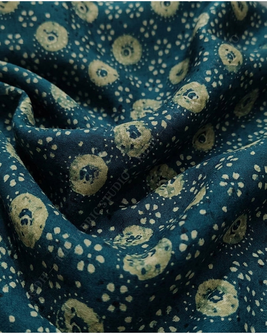 Teal Blue 1129 Modal Ajrakh Print Circular Motif — hand