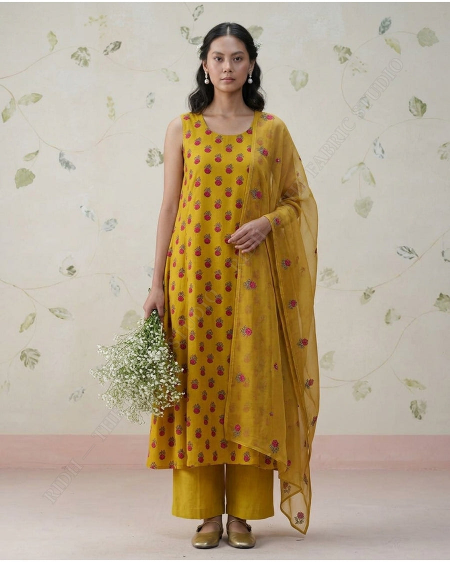 Mustard 1078 Muslin Prin Floral Buti — model