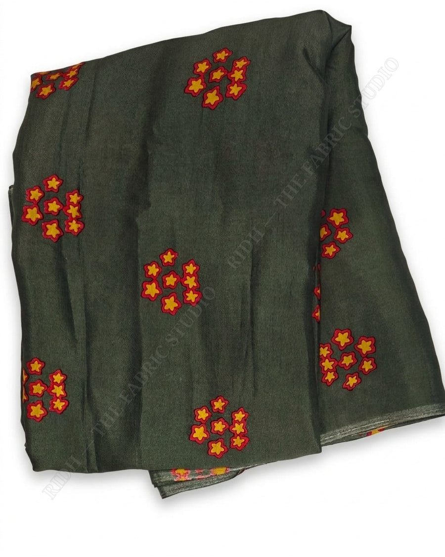 Olive Green 1077 Musline Prn Star Buti — closeup