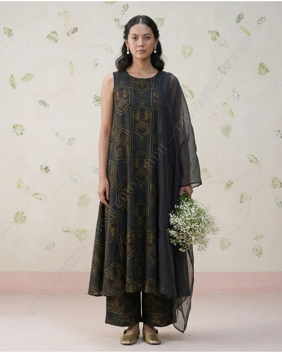 Black 1133 Cotton Ajrakh Print Tree Motif — model