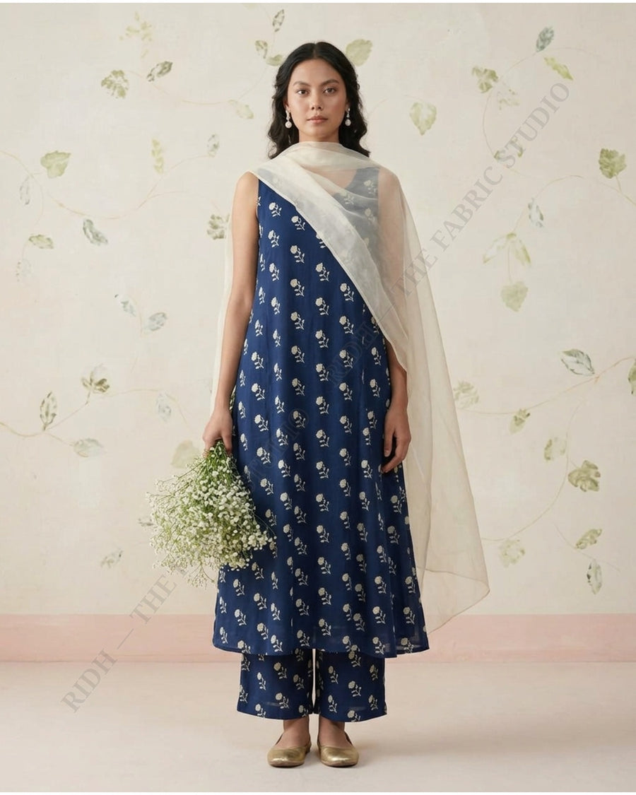 Navy Blue 1078 Muslin Prin Floral Buti — model