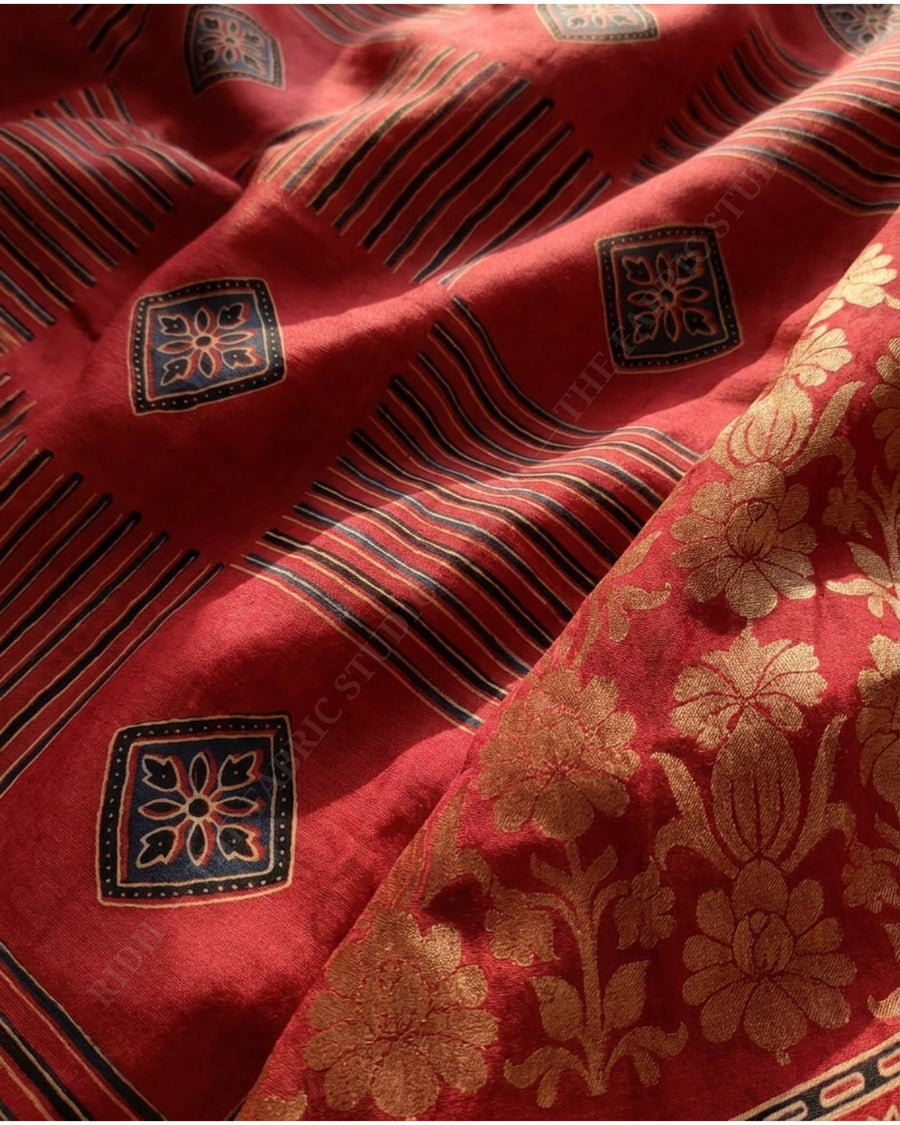 Maroon Red 1135 Ajrak Handblock Print Diamond Motif — hand