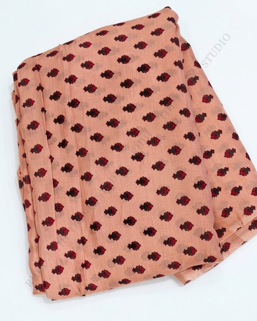 Peach 1078 Muslin Prin Leaf Buti — closeup