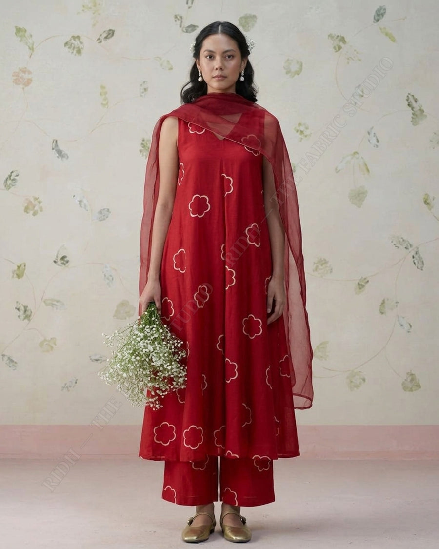 Red 1078 Muslin Prin Cloud Motif — model