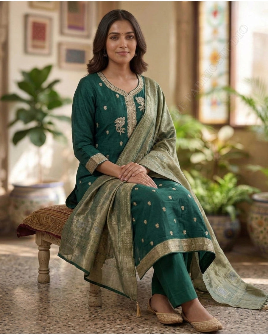 Bottle Green 2320 Fabric Set Floral Buti — model