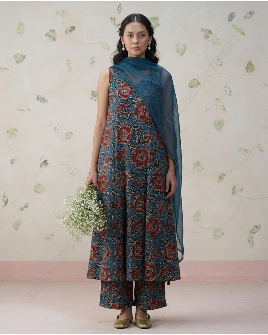 Teal Blue 1129 Modal Ajrakh Print Floral Jaal — model