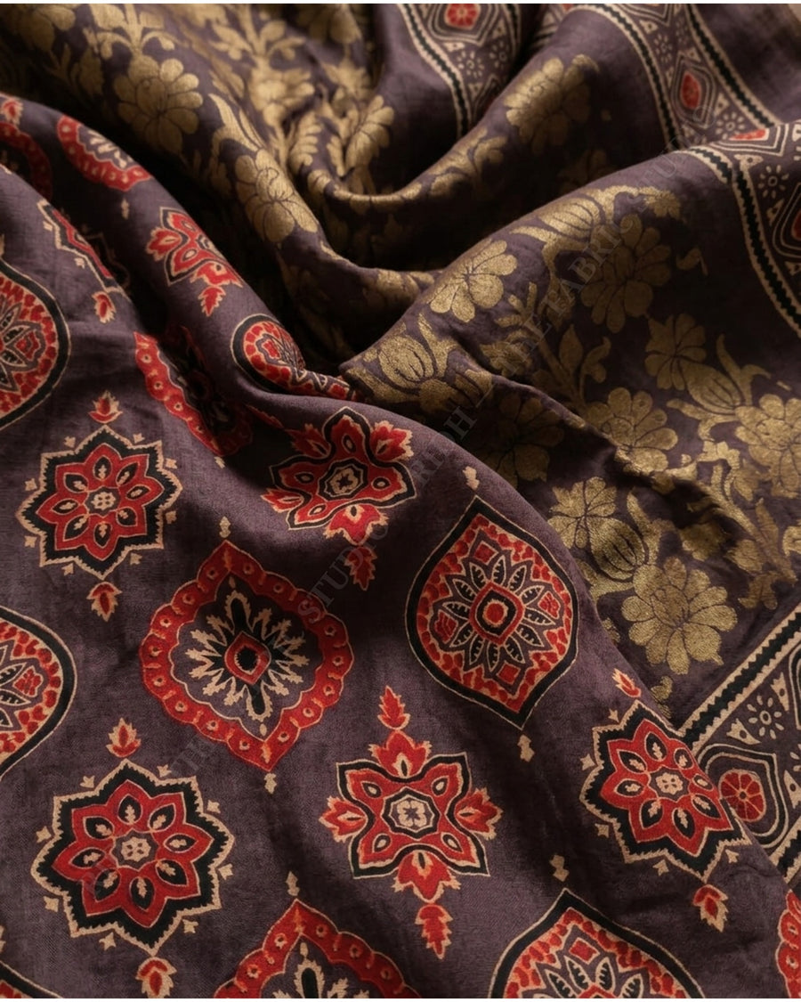 Chocolate Brown 1135 Ajrak Handblock Print Medallion Motif — hand