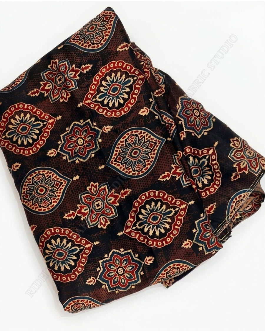 Dark Brown 1132 Silk Gaji Ajrakh Print Medallion Motif — closeup