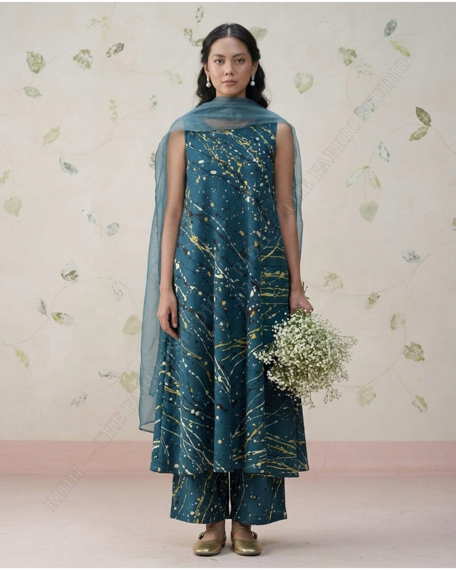 Teal Blue 1129 Modal Ajrakh Print Splatter Stripe — model