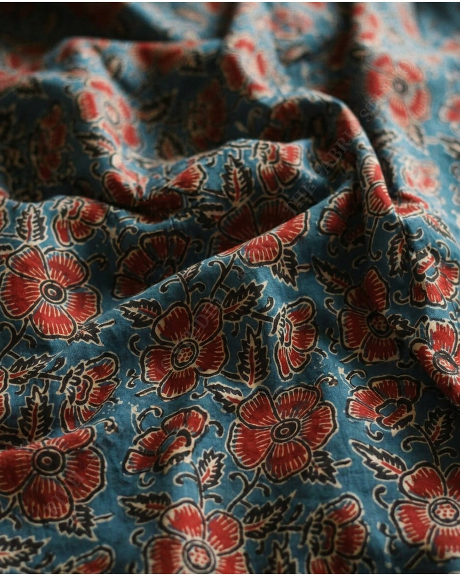 Teal Blue 1129 Modal Ajrakh Print Floral Jaal — hand