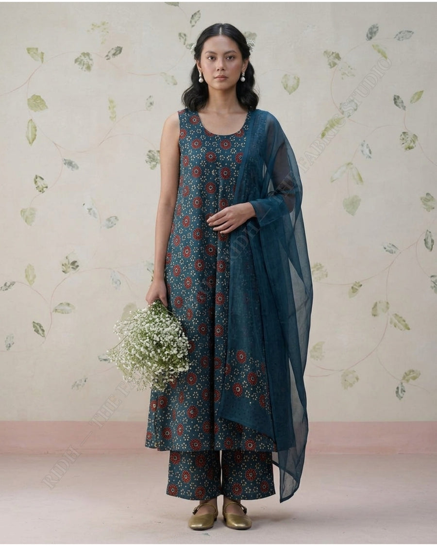 Teal Blue 1129 Modal Ajrakh Print Floral Motif — model