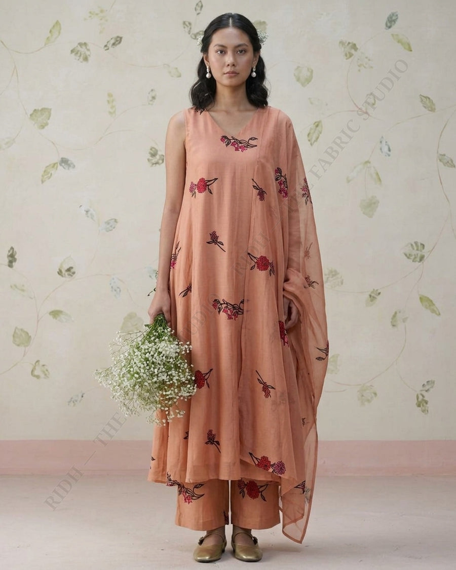 Peach 1078 Muslin Prin Floral Motif — model
