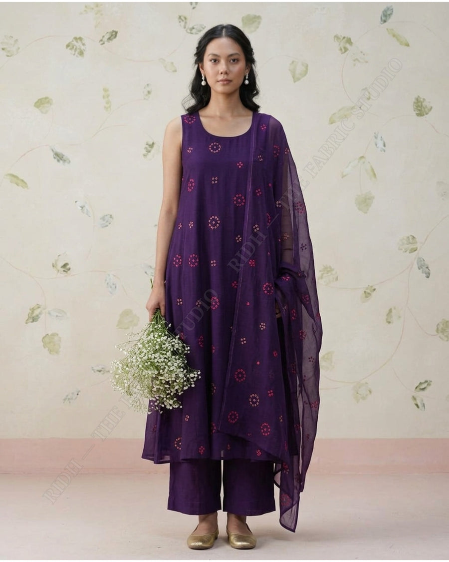 Purple 1078 Muslin Prin Bandhani Buti — model