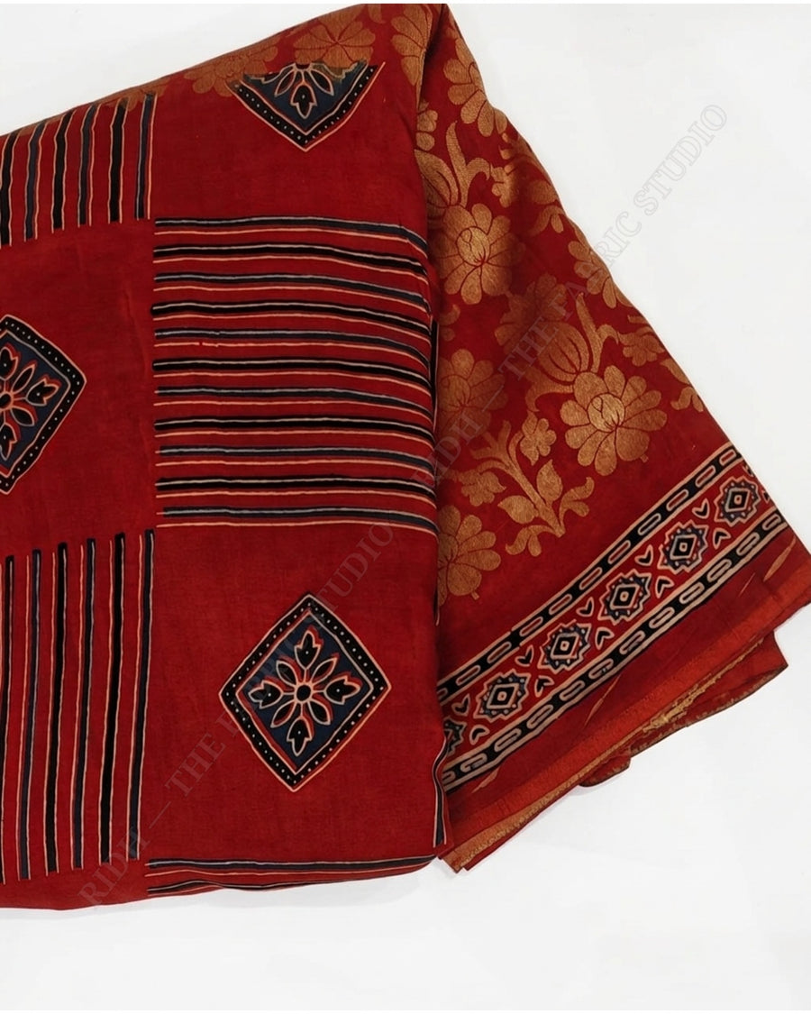 Maroon Red 1135 Ajrak Handblock Print Diamond Motif — closeup