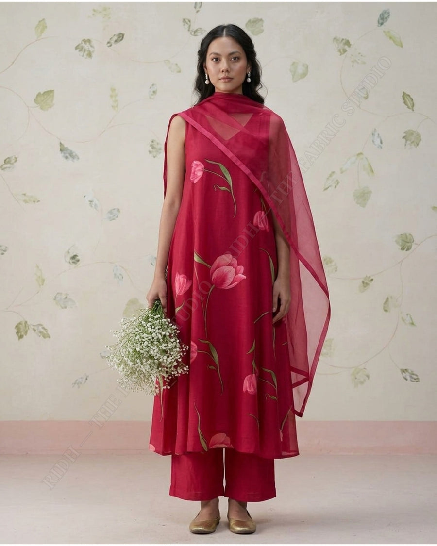 Red 1078 Muslin Prin Tulip Floral — model