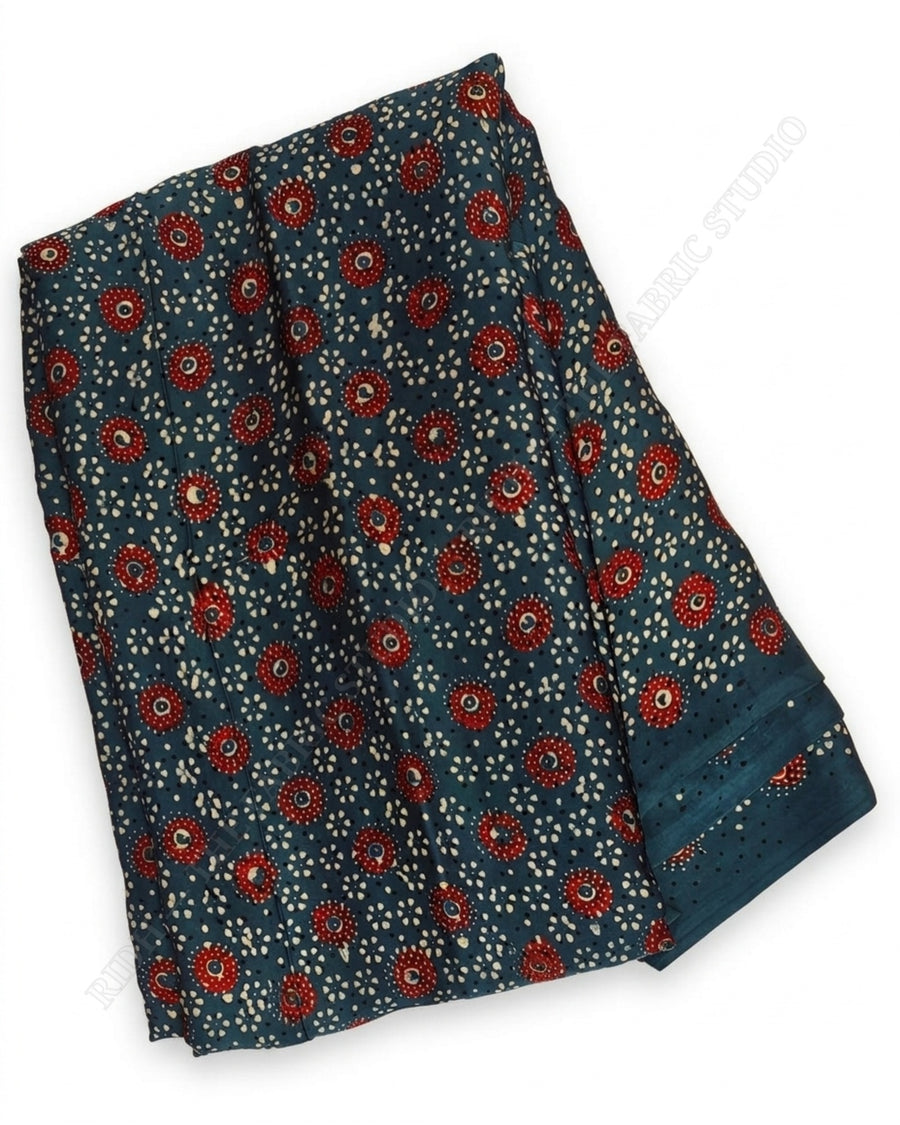 Teal Blue 1129 Modal Ajrakh Print Floral Motif — closeup