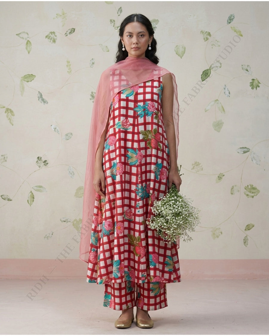 Red 1078 Muslin Prin Floral Check — model