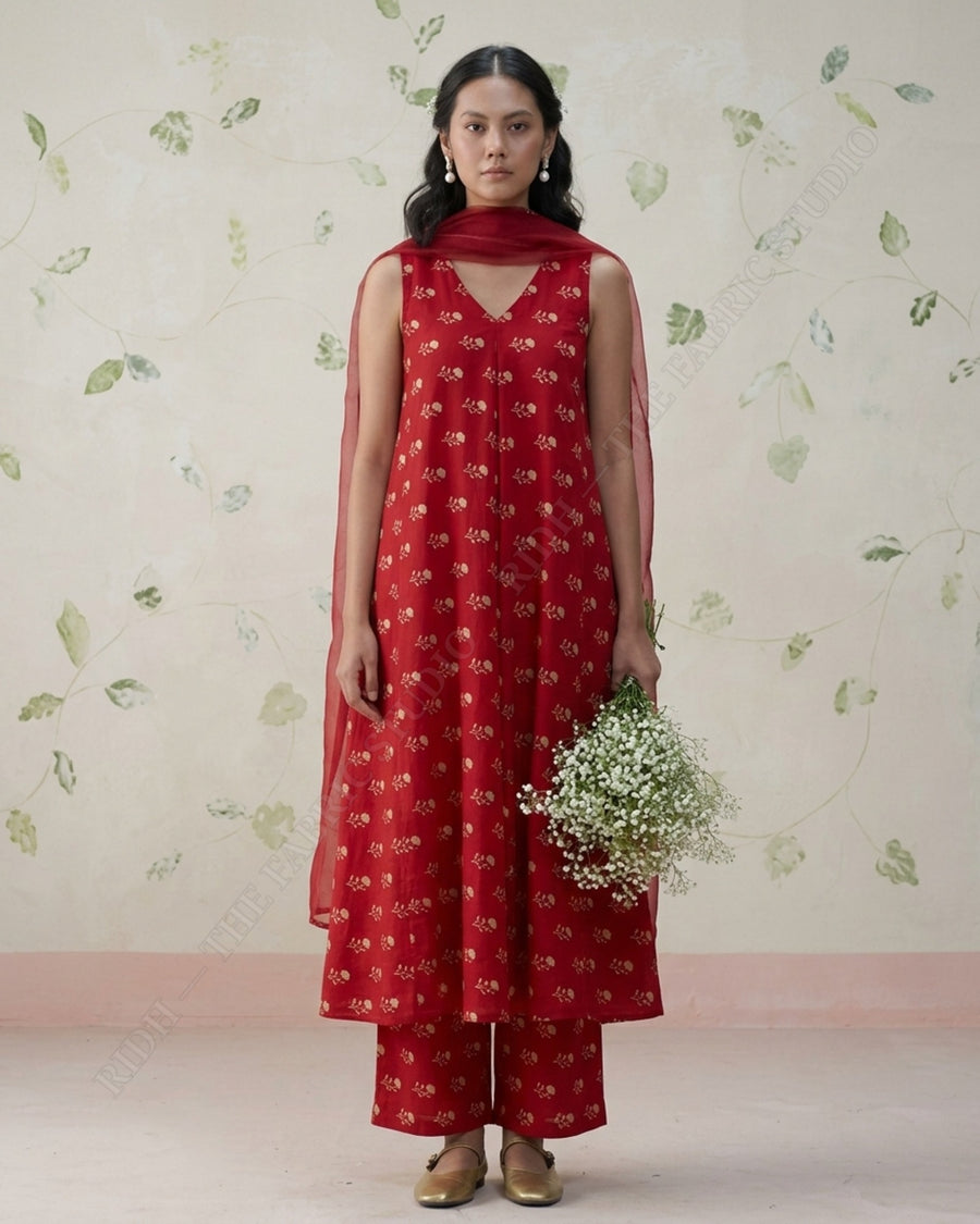 Red 1077 Musline Prn Flower Buti — model