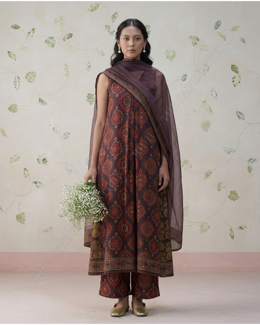 Chocolate Brown 1135 Ajrak Handblock Print Medallion Motif — model