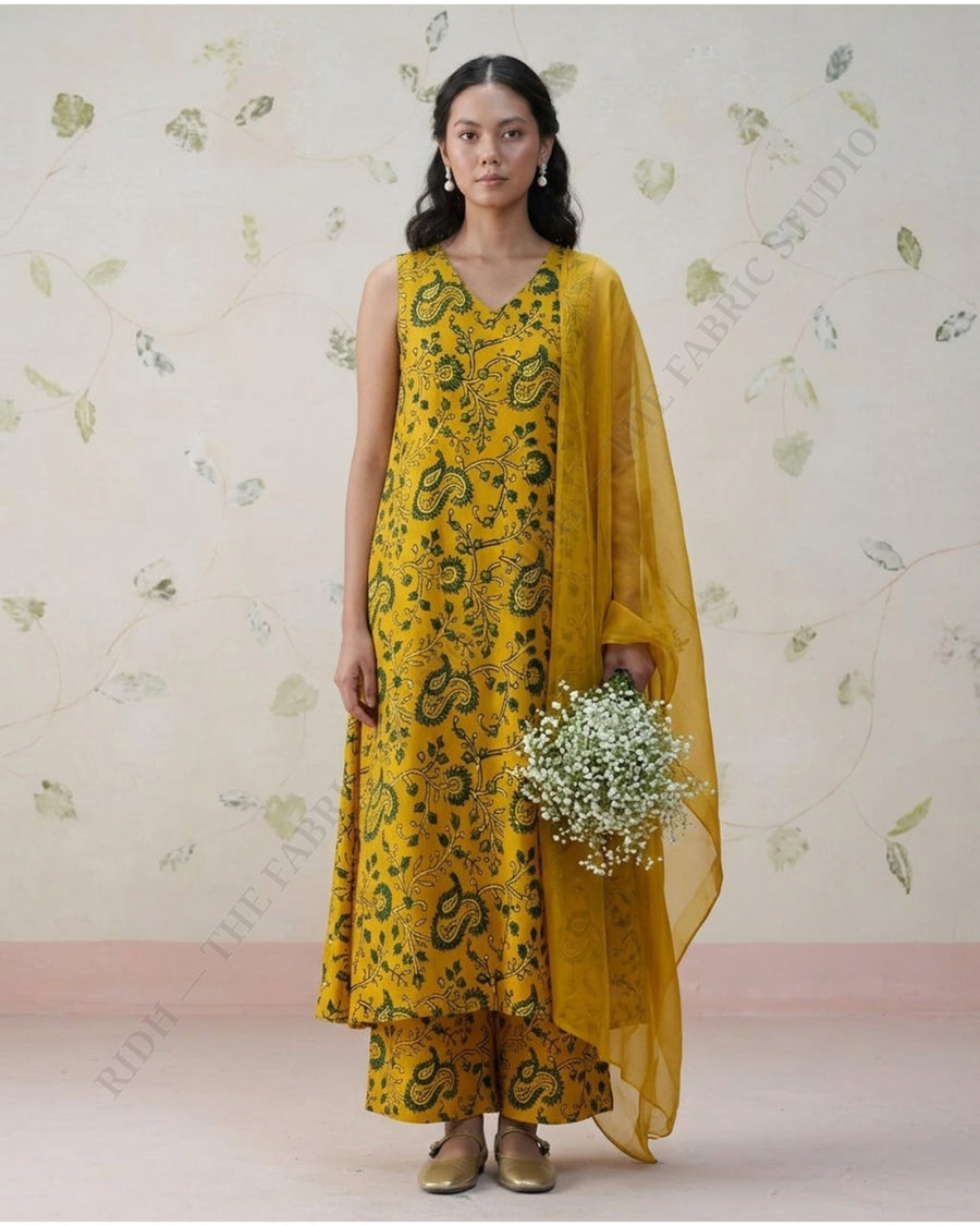 Mustard 1135 Ajrak Handblock Print Paisley Floral — model
