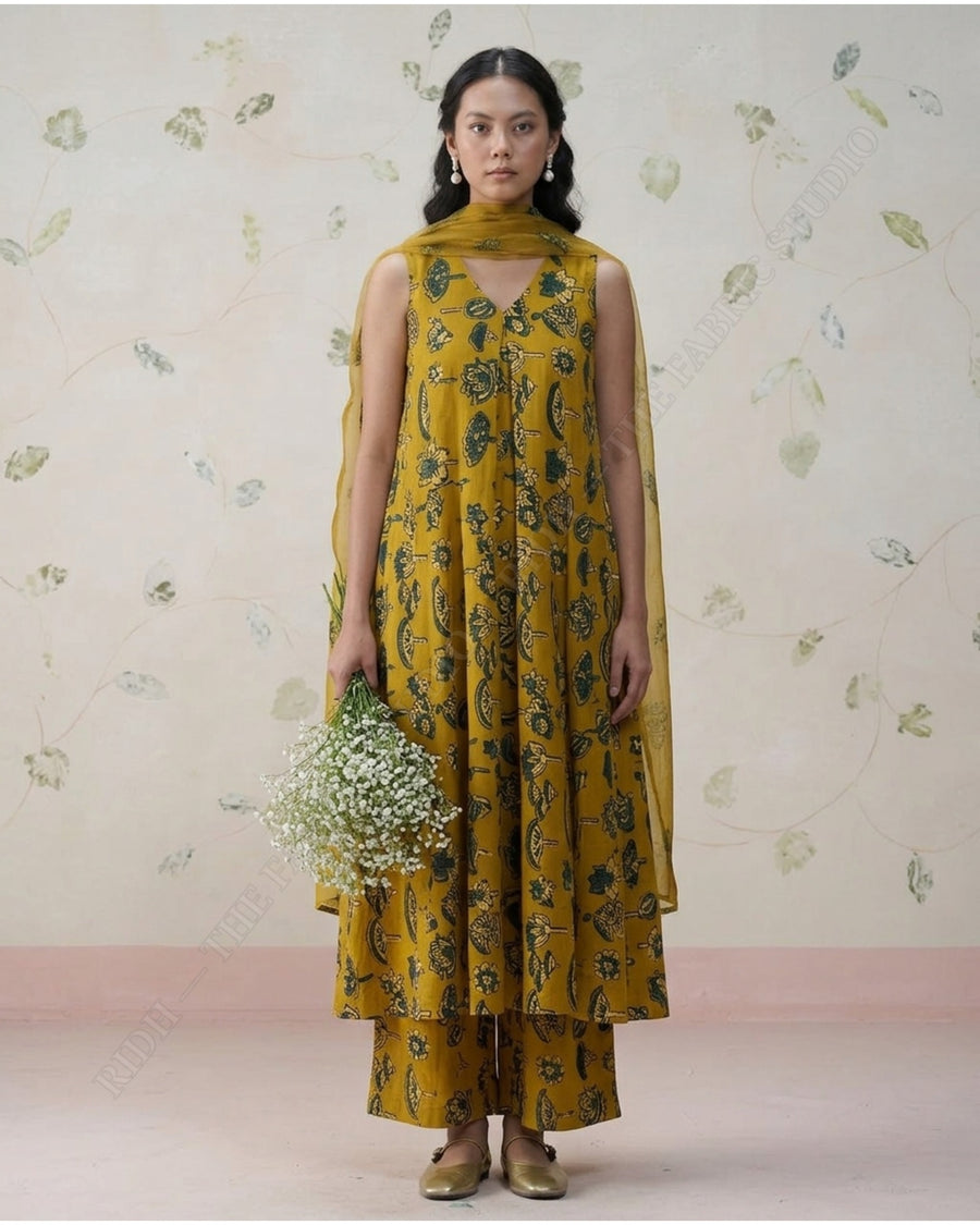 Mustard 1130 Bamber Ajrakh Print Lotus Motif — model