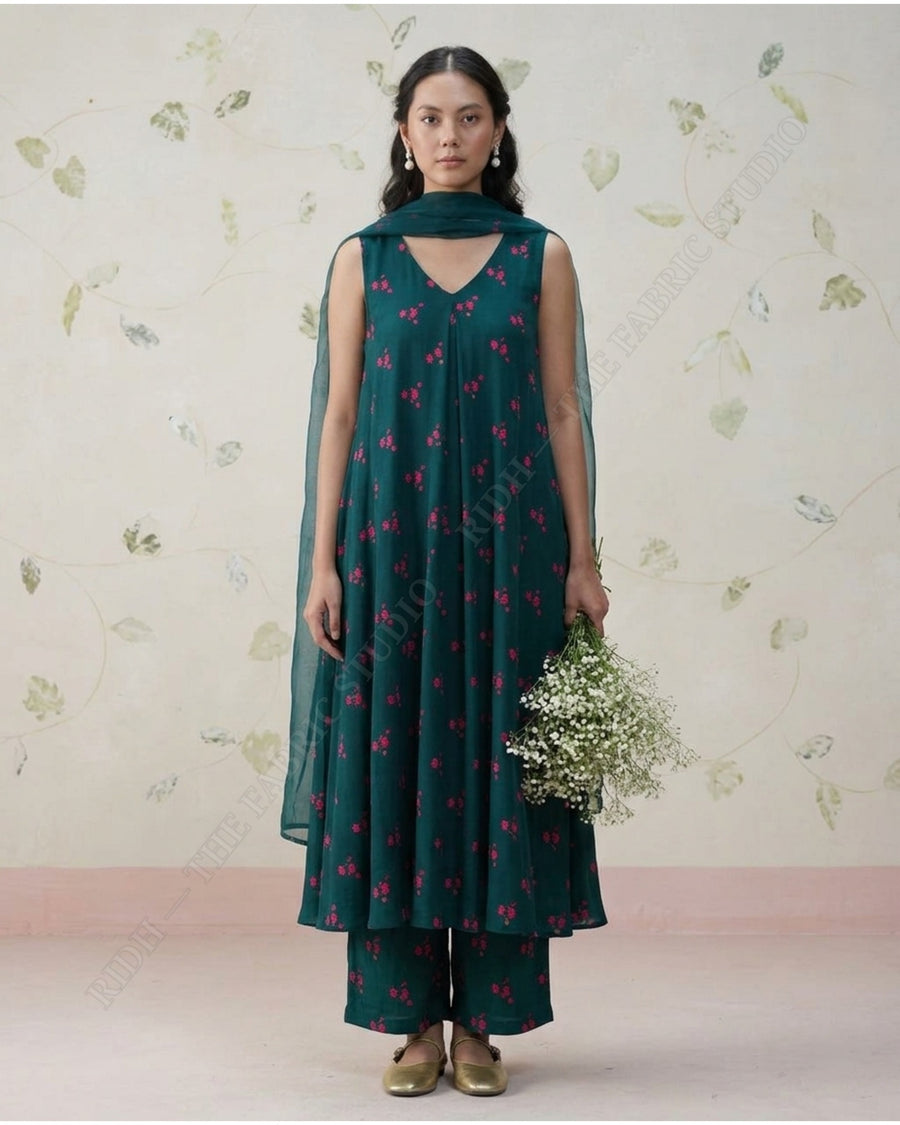 Bottle Green 1078 Muslin Prin Floral Buti — model