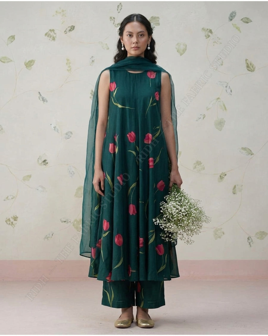 Bottle Green 1078 Muslin Prin Tulip Floral — model