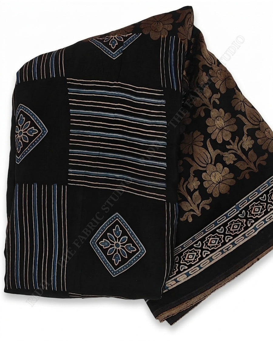 Black 1135 Ajrak Handblock Print Diamond Stripe — closeup