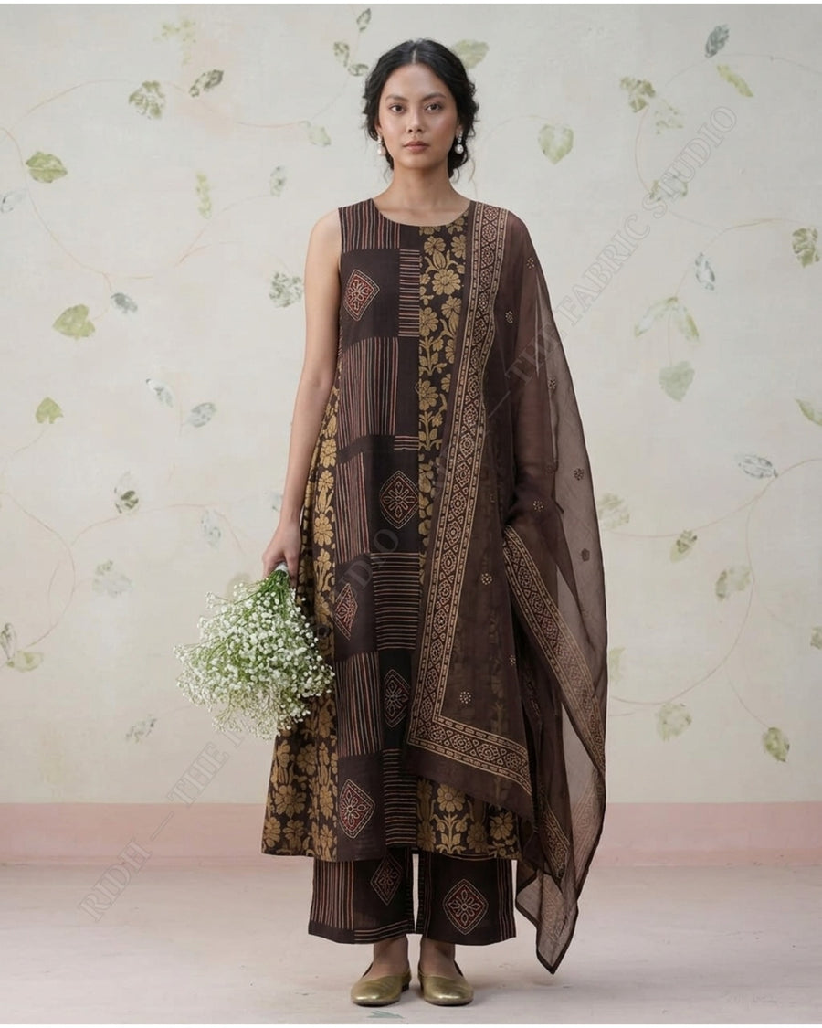 Black 1135 Ajrak Handblock Print Geometric Motif — model