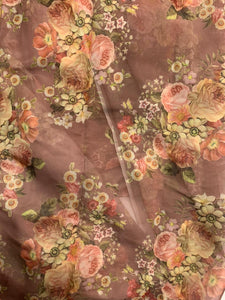 Earthy  brown floral organza printed fabric 3661