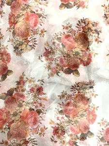 White floral organza printed fabric 3663