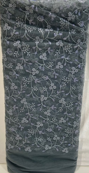 Grey thread with allover Net Embroidered fabric 3121