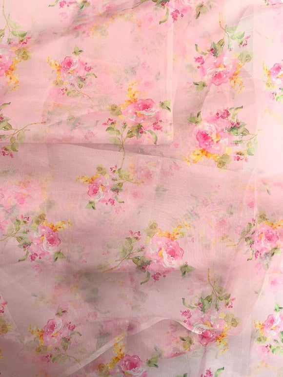 Baby pink floral organza printed fabric 3664