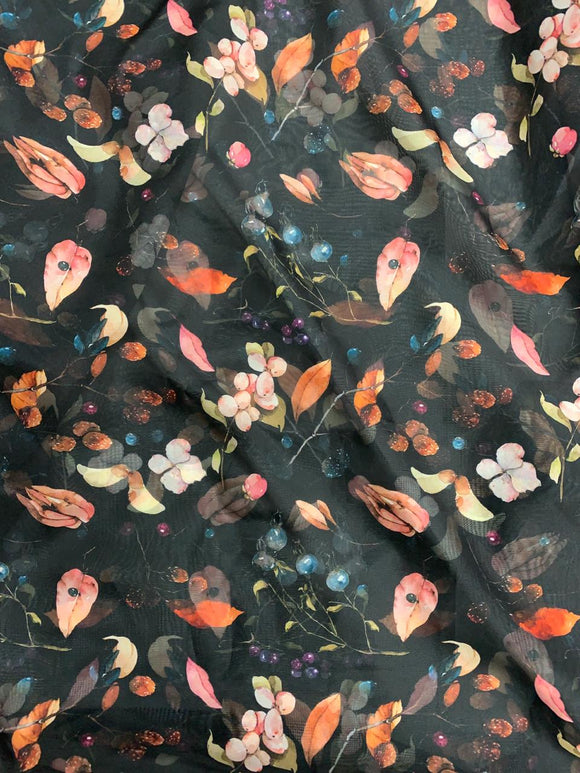 Black floral organza printed fabric 2056